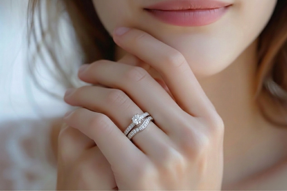 婚約指輪と結婚指輪を着けた女性