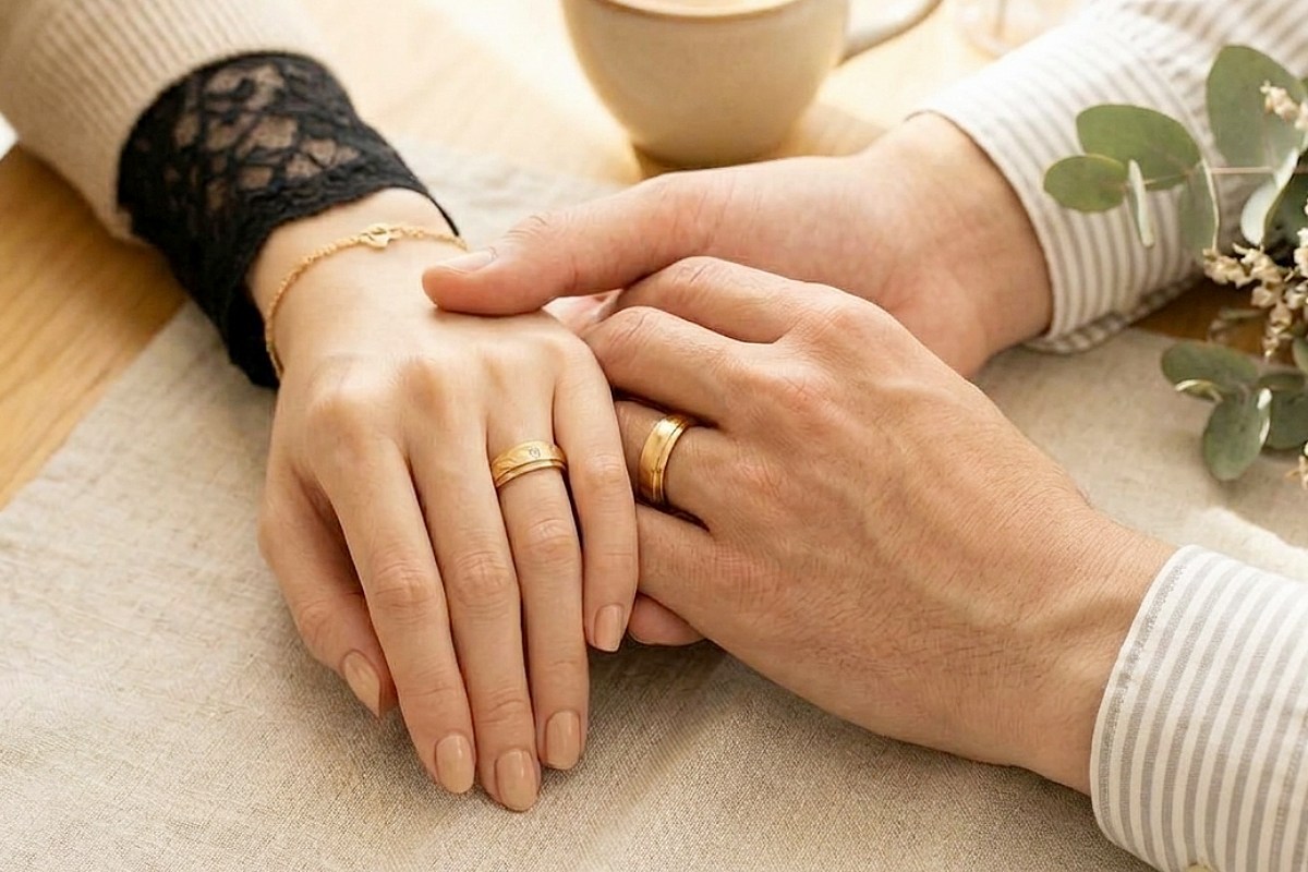 鍛造の結婚指輪を着けたカプルの手元