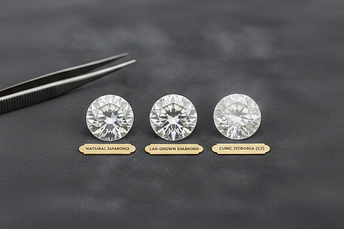 ラボグロウンダイヤモンド、天然ダイヤモンド、キュービックジルコニアの比較画像（イメージ）