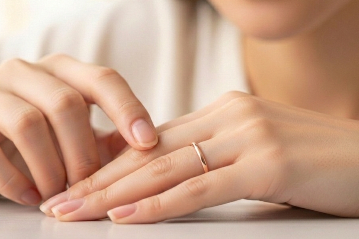 ダイヤなしのゴールドリングを着けた女性