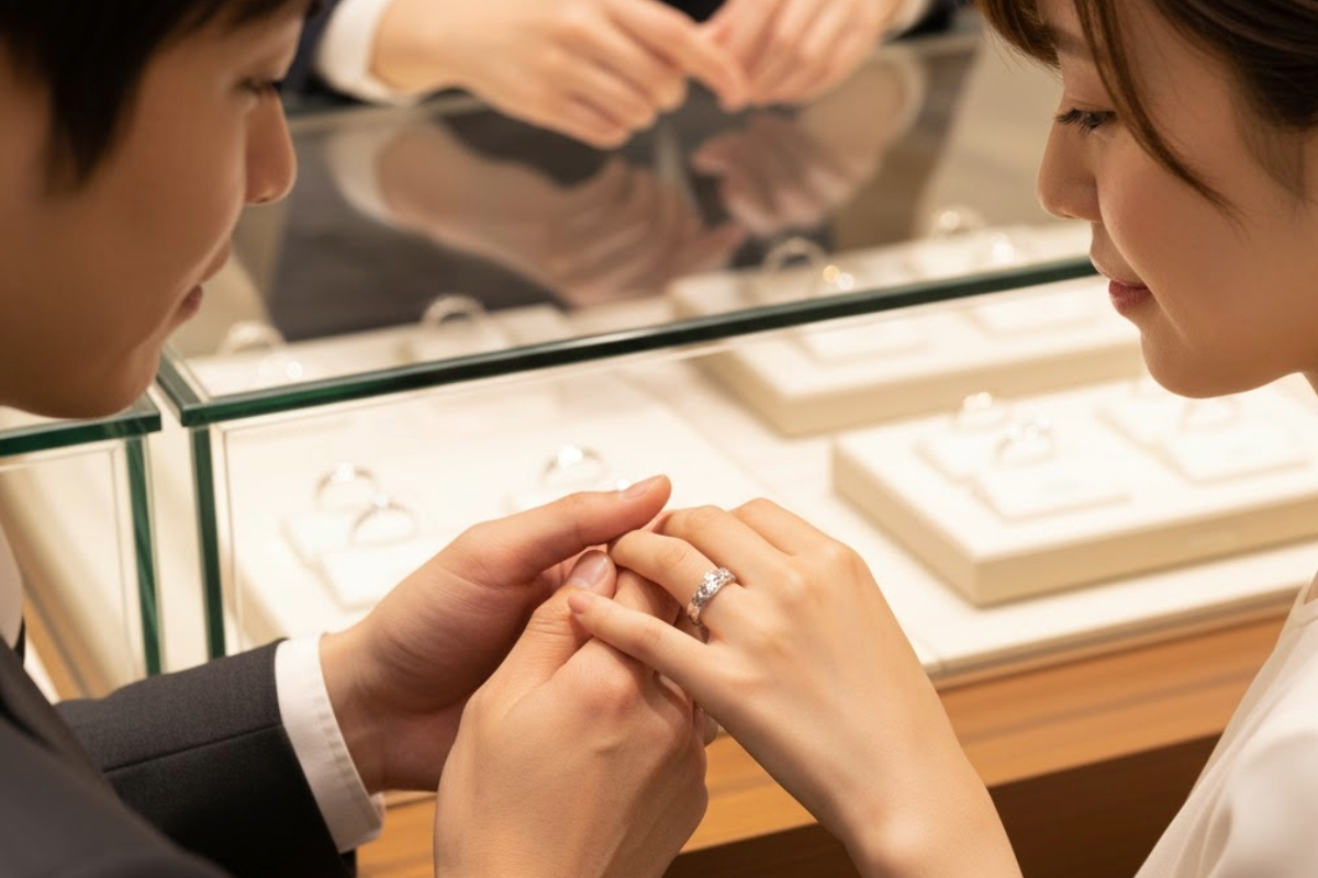 指輪を選ぶカップル 