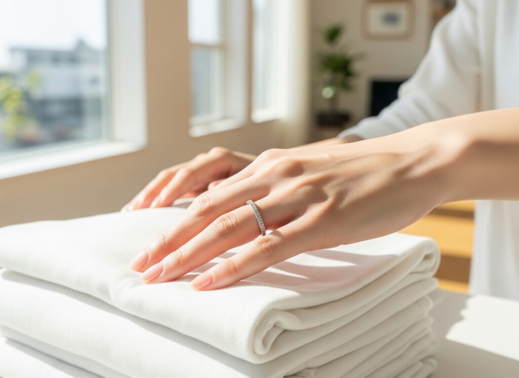 エタニティリングを着けて、洗濯ものをたたんでいる女性の手元