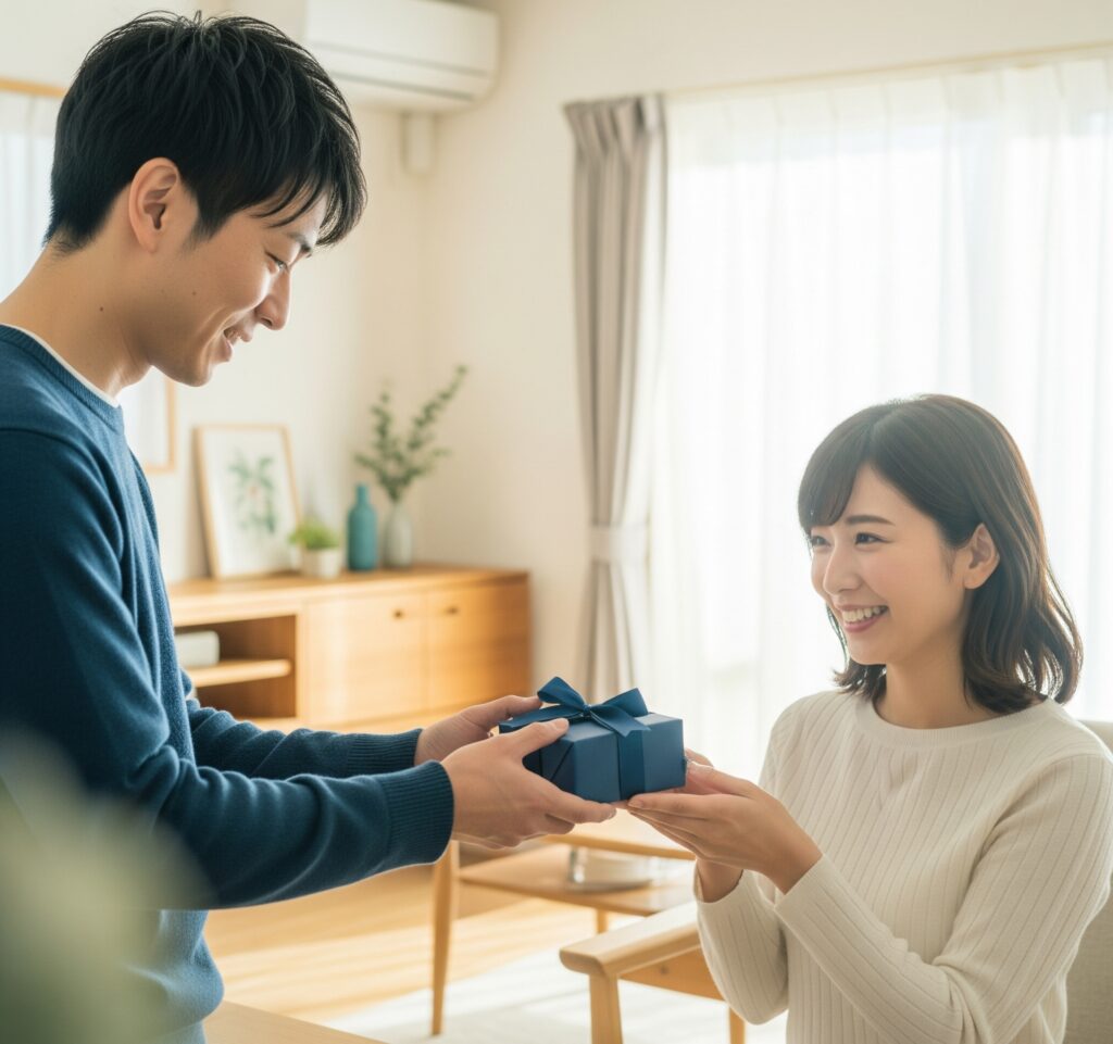 記念日に男性から女性にプレゼントを渡している様子