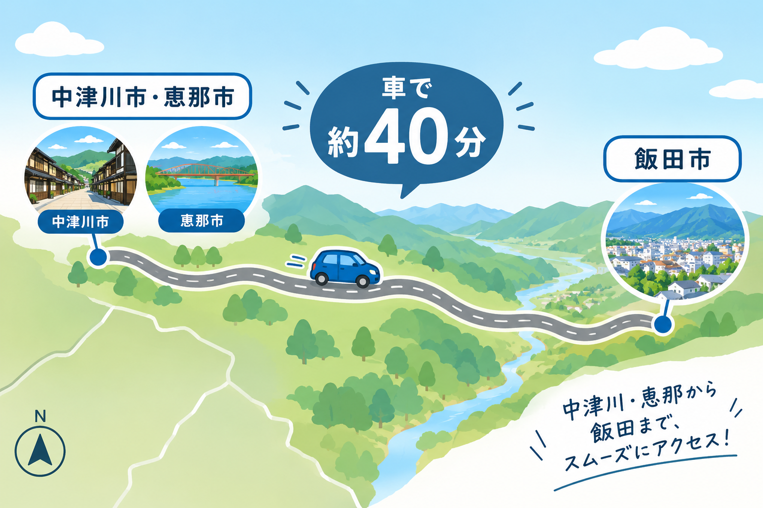 恵那・中津川から飯田まで車で約40分