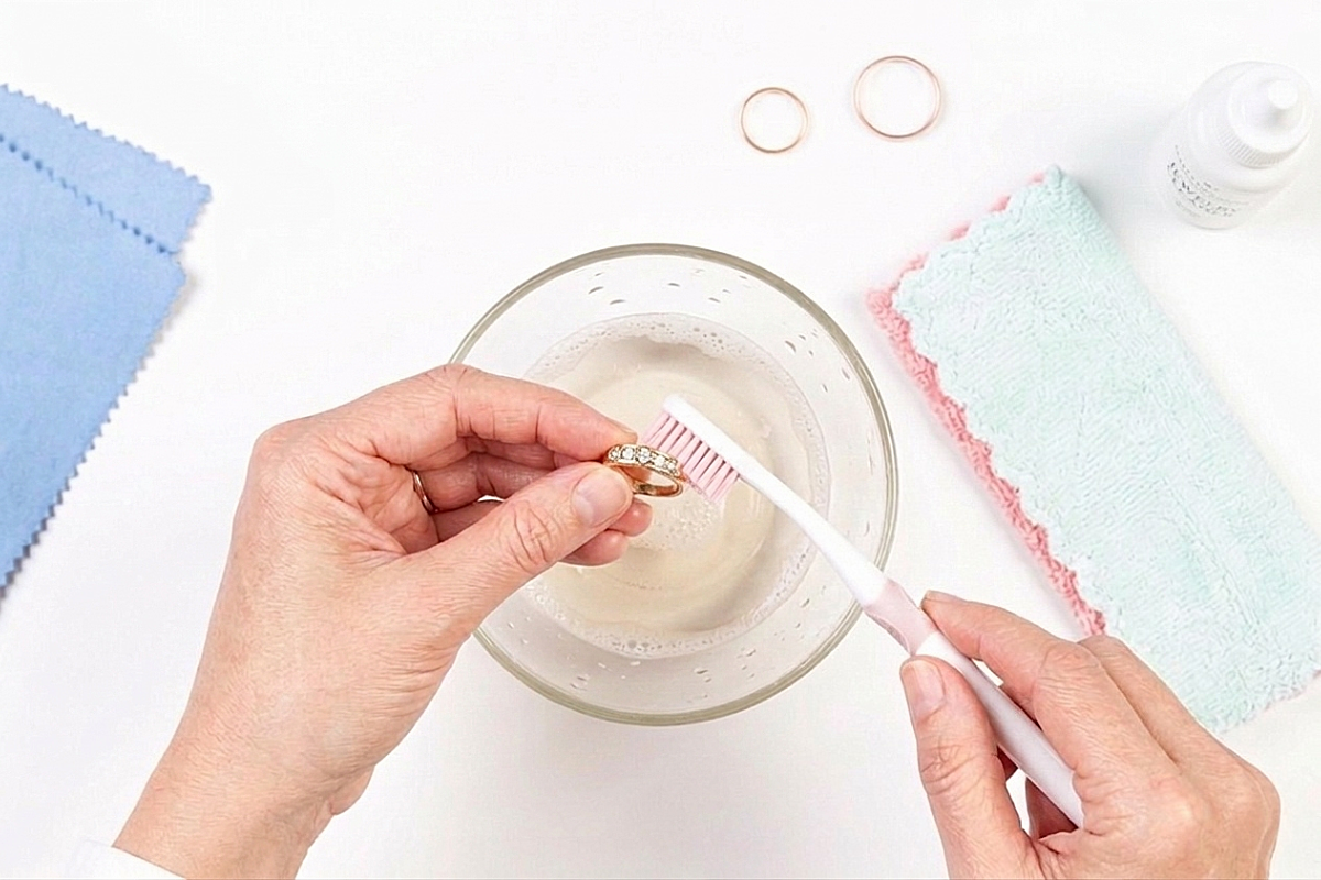 結婚指輪を自宅でクリーニング、お手入れする様子