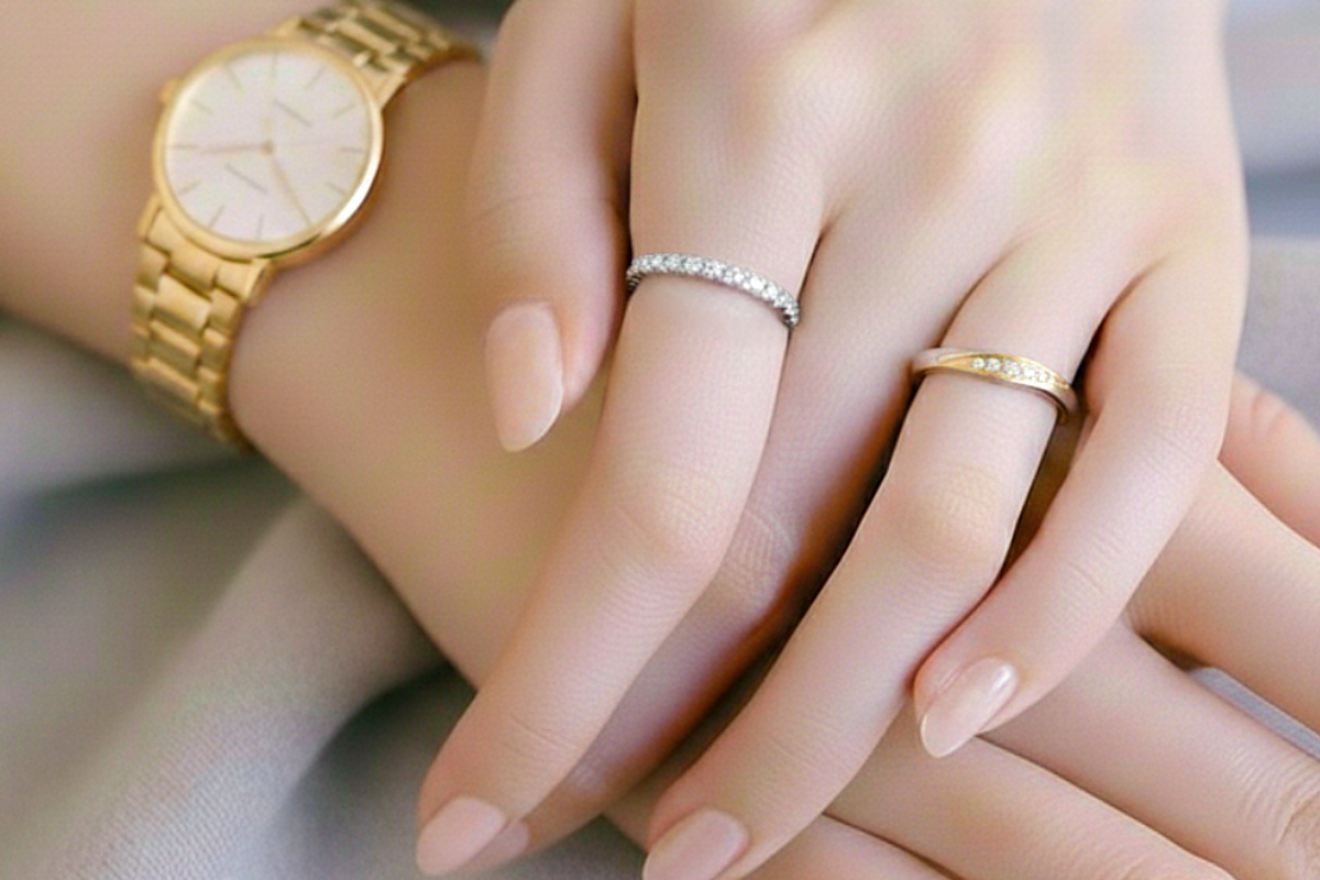 ゴールド×プラチナのコンビリングと時計を着けた手元