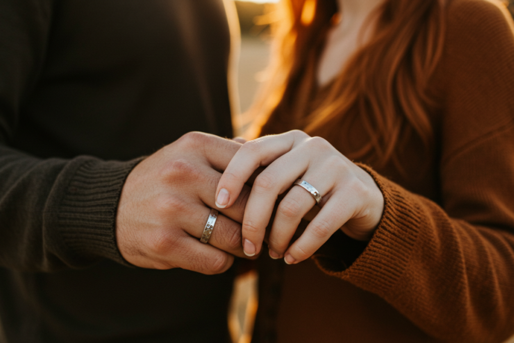 槌目模様の結婚指輪を着けるカップル