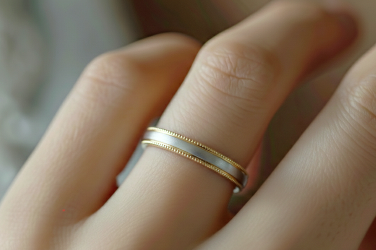 ミル打ちの結婚指輪を着けた指元