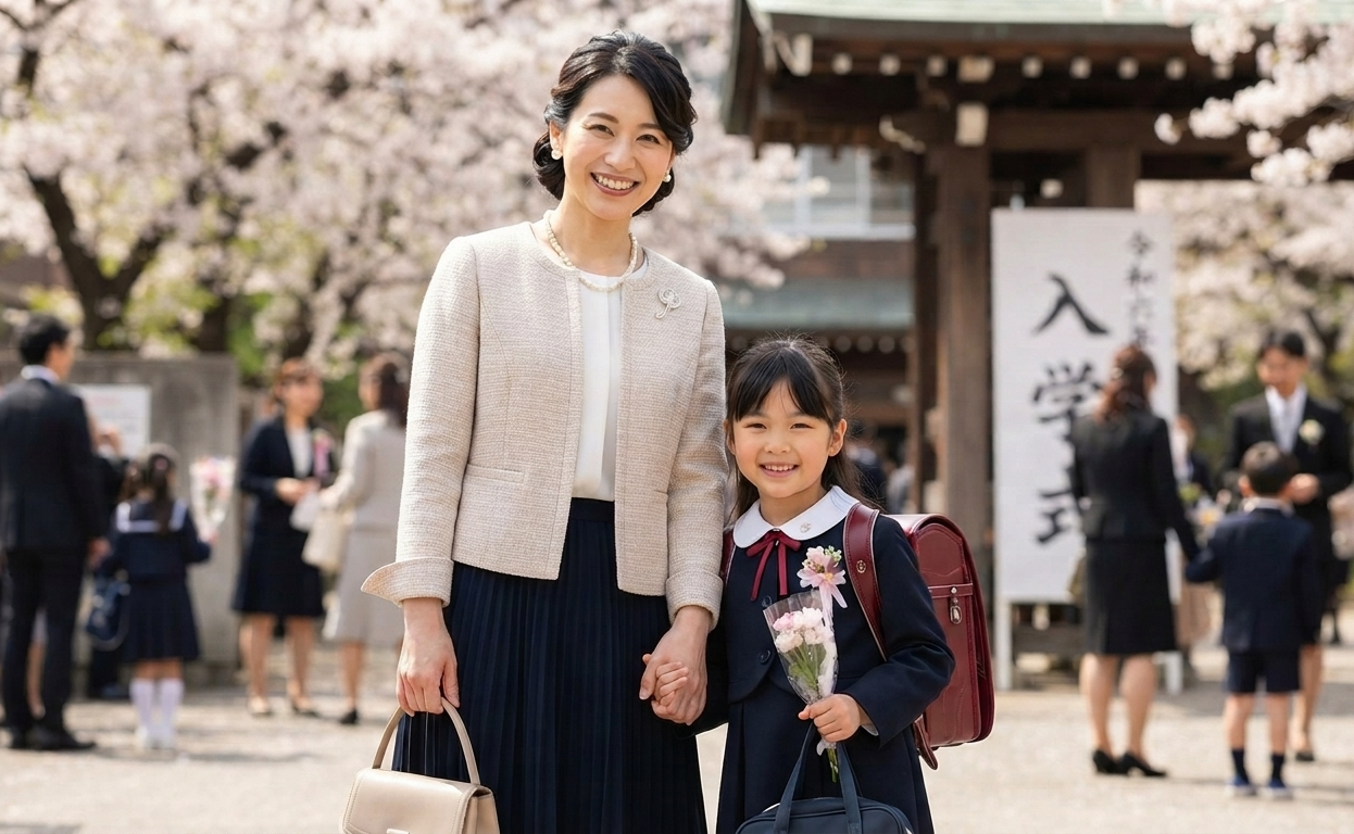 子供の入学式にパールを身に着けた女性