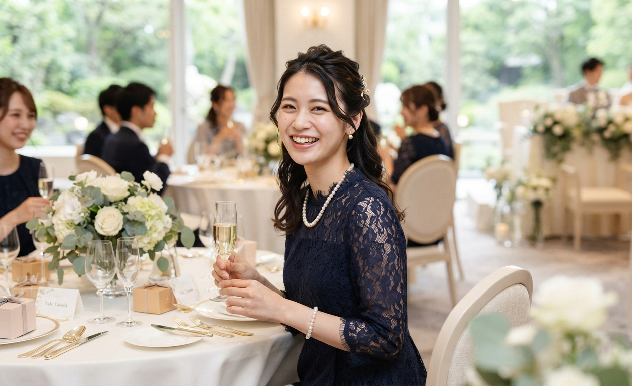 結婚式の参列でパールを身に着けている20代女性