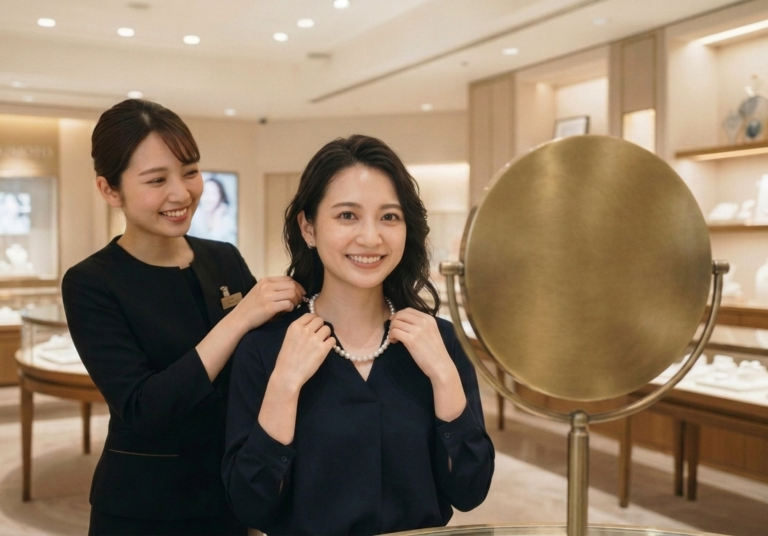 女性が専門店でパールの試着をしている様子