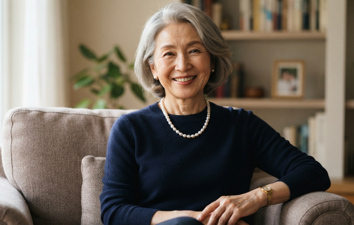 60代の女性がパールのネックレスを身につけている画像