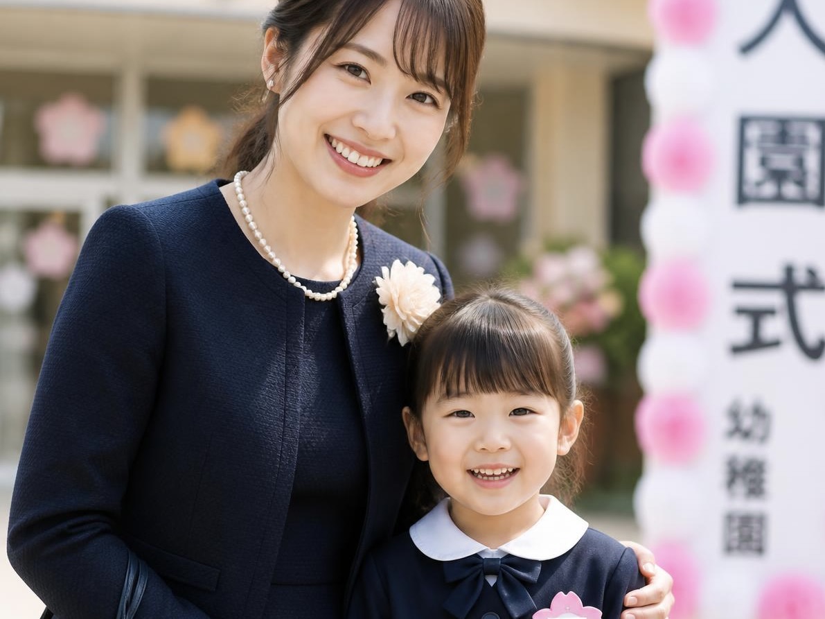 入園式でパールを着けている女性