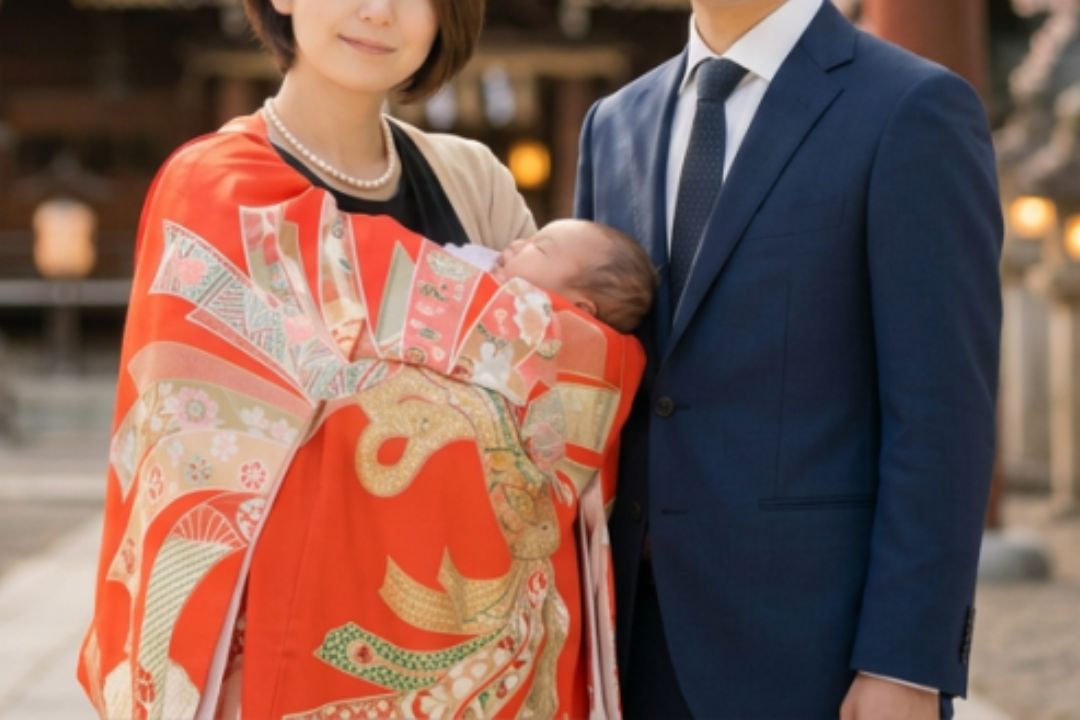 お宮参り パールをつけた母