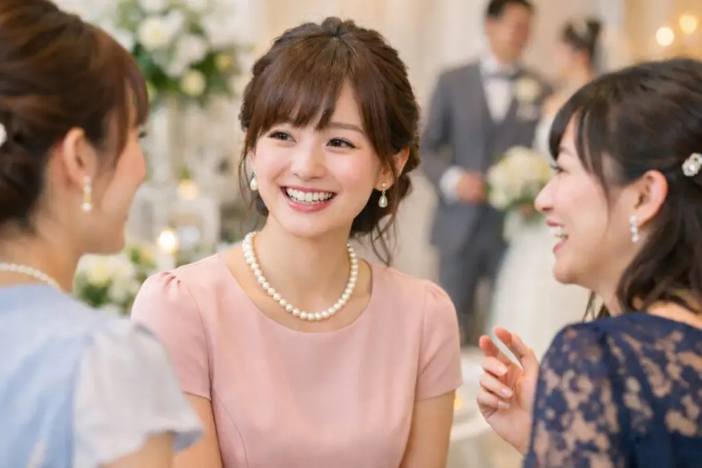 パールネックレスを着けて結婚式に参列している女性