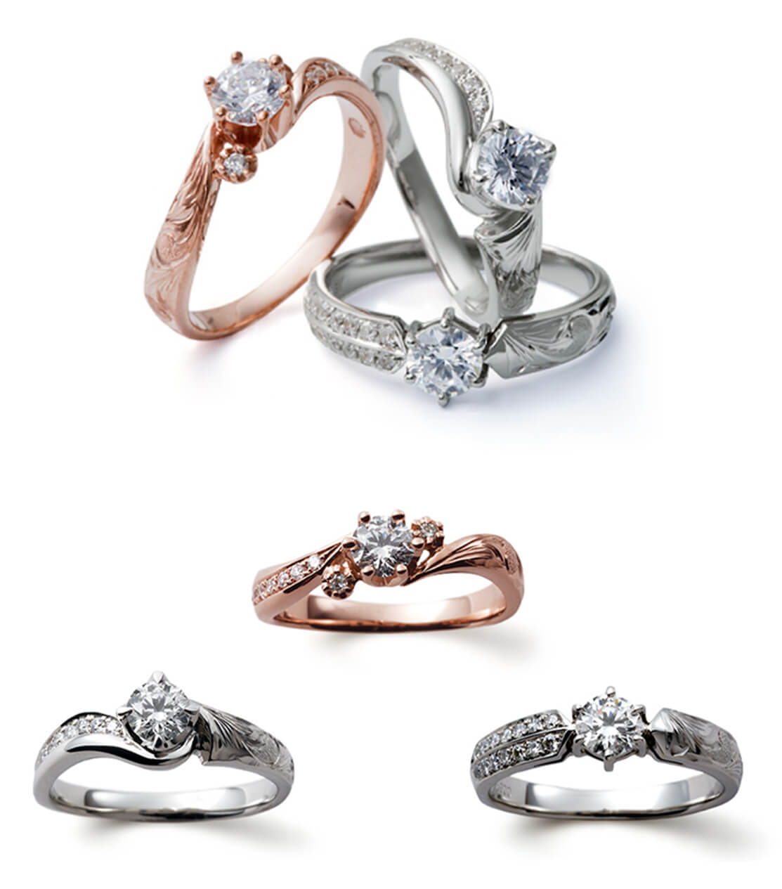ハンドメイドのハワイアン・ジュエリーに高品質ダイヤをセッティングした婚約指輪。