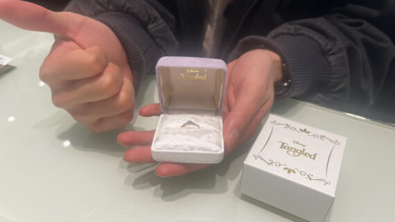 ラプンツェルの婚約指輪が入ったケースを持つ男性の手元